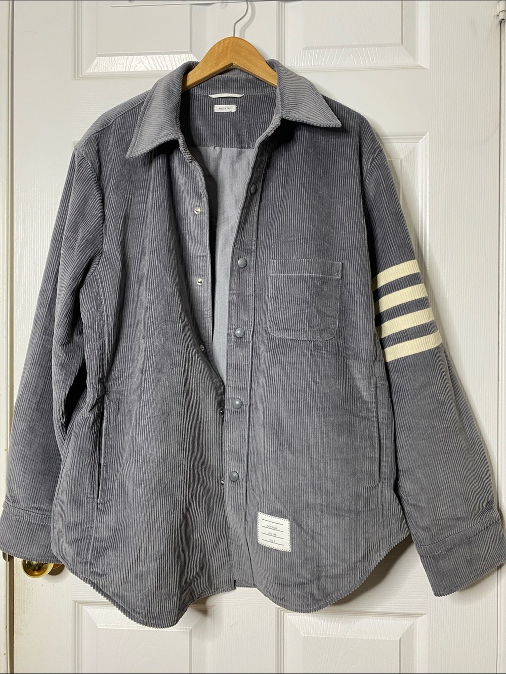 Thom Browne Gray Corduroy Shirt Jacket with Cream Stripes#10